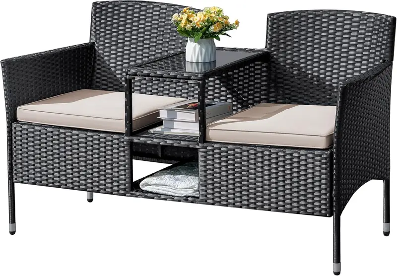 Outdoor Wicker Loveseat Set – 2-Seat Rattan Patio Bench with Center Table, Cushions, and All-Weather Beige Finish