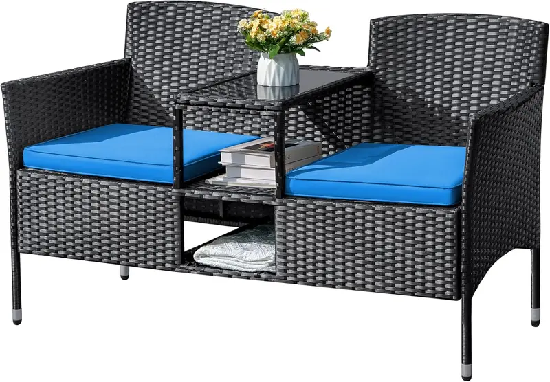 Outdoor Wicker Loveseat Set – 2-Seat Rattan Patio Bench with Center Table, Cushions, and All-Weather Beige Finish
