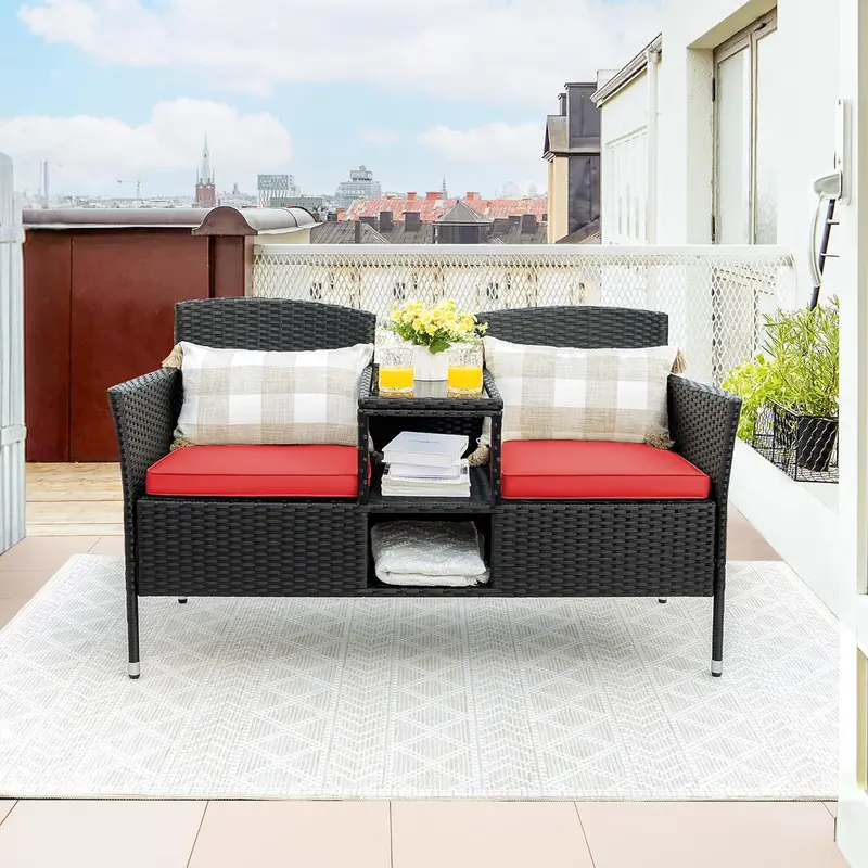 Outdoor Wicker Loveseat Set – 2-Seat Rattan Patio Bench with Center Table, Cushions, and All-Weather Beige Finish