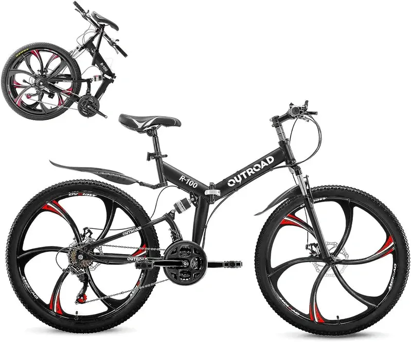 Outroad 26-Inch Folding Mountain Bike – 21-Speed, Dual Suspension, Compact Fold Design for Adults