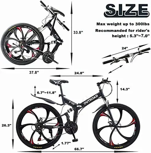 Outroad 26-Inch Folding Mountain Bike – 21-Speed, Dual Suspension, Compact Fold Design for Adults