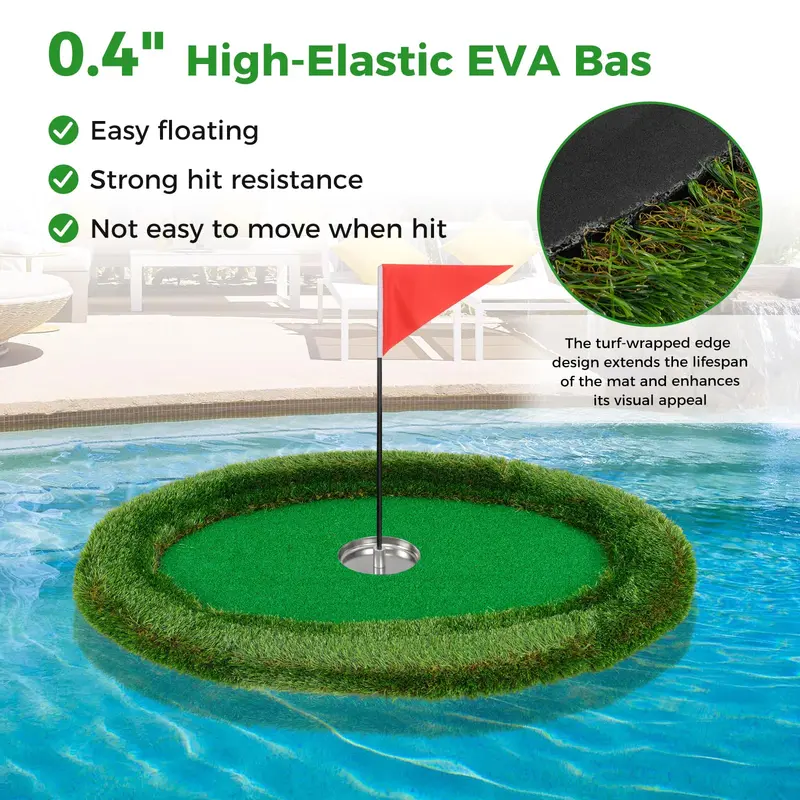 Oval Floating Pool Golf Green – Chipping Mat Kit with Hitting Surface, Balls, Flag & Tee (37.5" x 25.5")