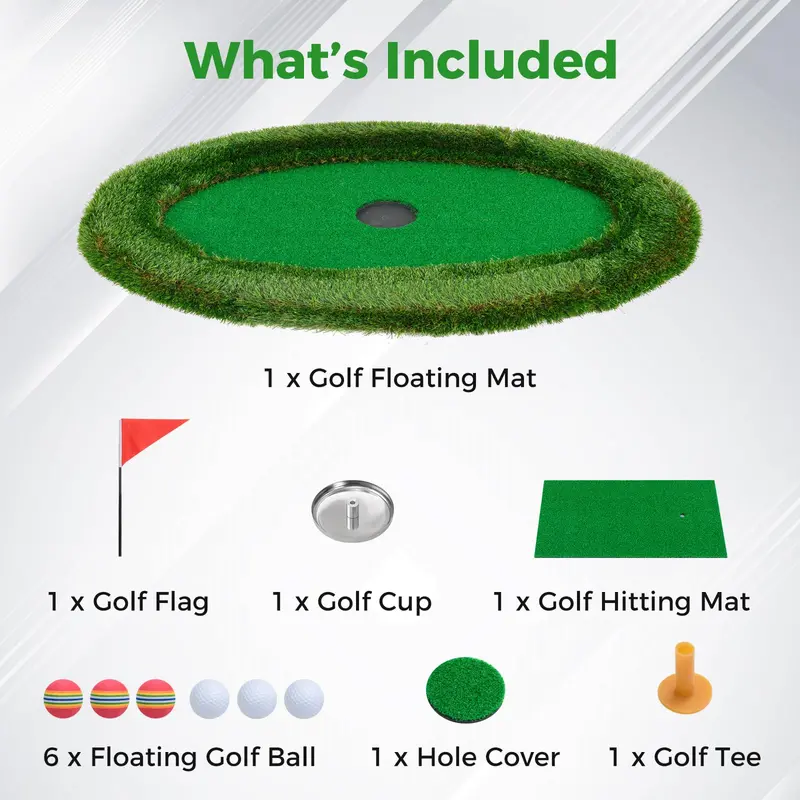 Oval Floating Pool Golf Green – Chipping Mat Kit with Hitting Surface, Balls, Flag & Tee (37.5" x 25.5")