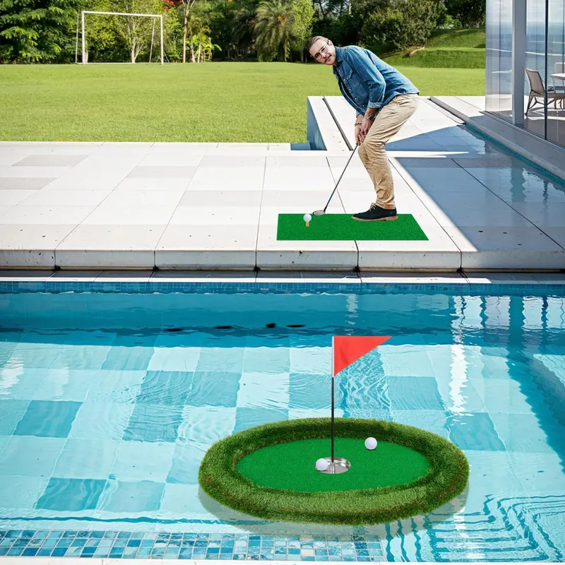 Oval Floating Pool Golf Green – Chipping Mat Kit with Hitting Surface, Balls, Flag & Tee (37.5" x 25.5")