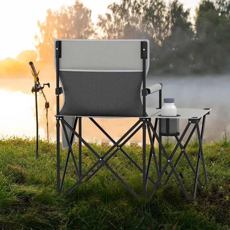 Oversized Camping Chair with Side Table – Heavy-Duty Folding Picnic Seat Featuring Dual Storage Pockets