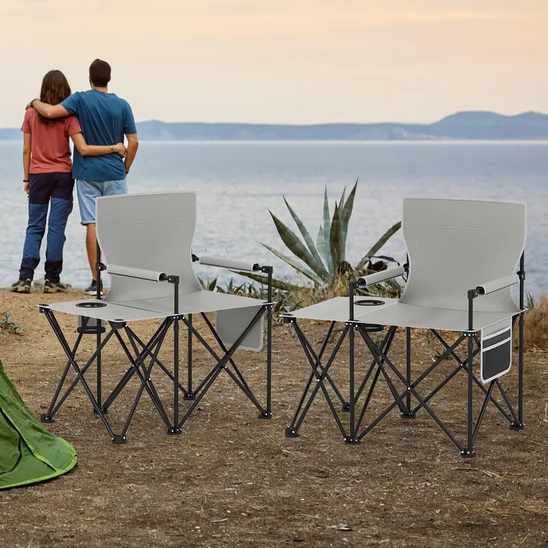 Oversized Camping Chair with Side Table – Heavy-Duty Folding Picnic Seat Featuring Dual Storage Pockets