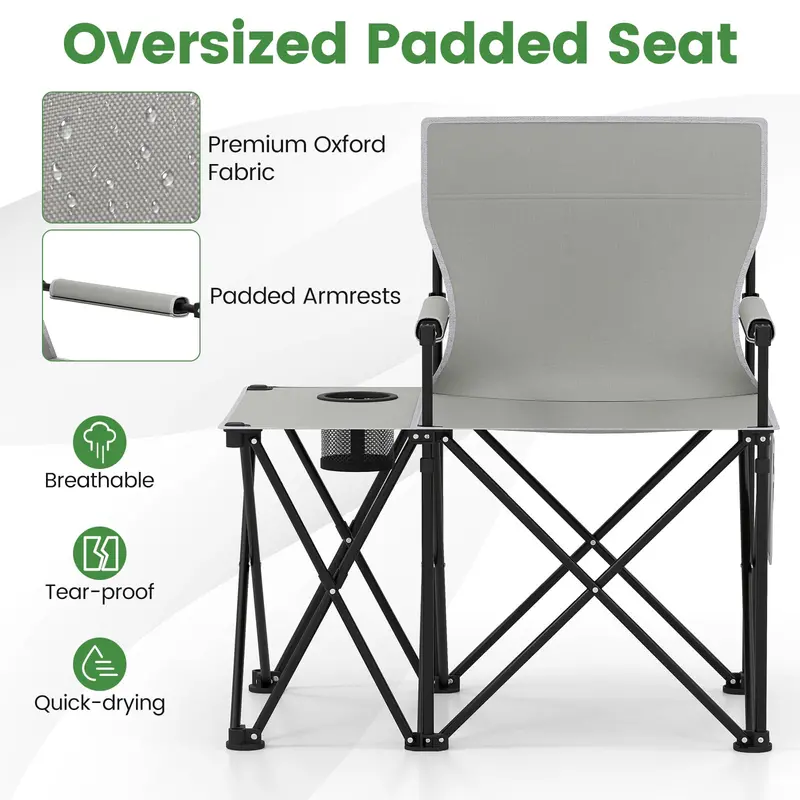 Oversized Camping Chair with Side Table – Heavy-Duty Folding Picnic Seat Featuring Dual Storage Pockets