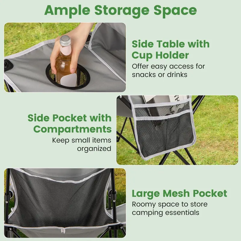 Oversized Camping Chair with Side Table – Heavy-Duty Folding Picnic Seat Featuring Dual Storage Pockets
