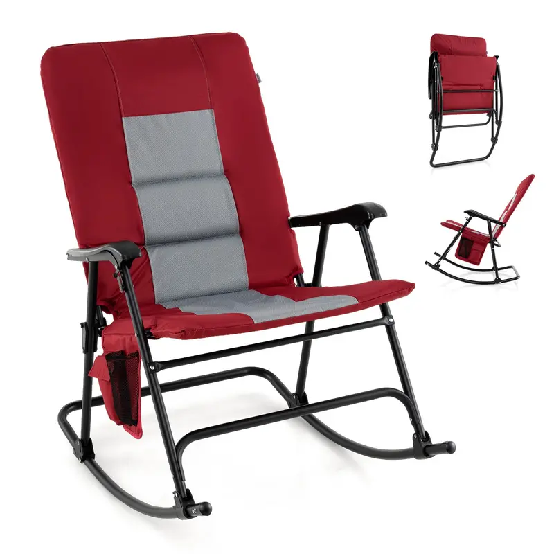 Oversized Folding Rocking Lounge Chair – Padded Outdoor Rocker with Metal Frame and Side Storage Pocket