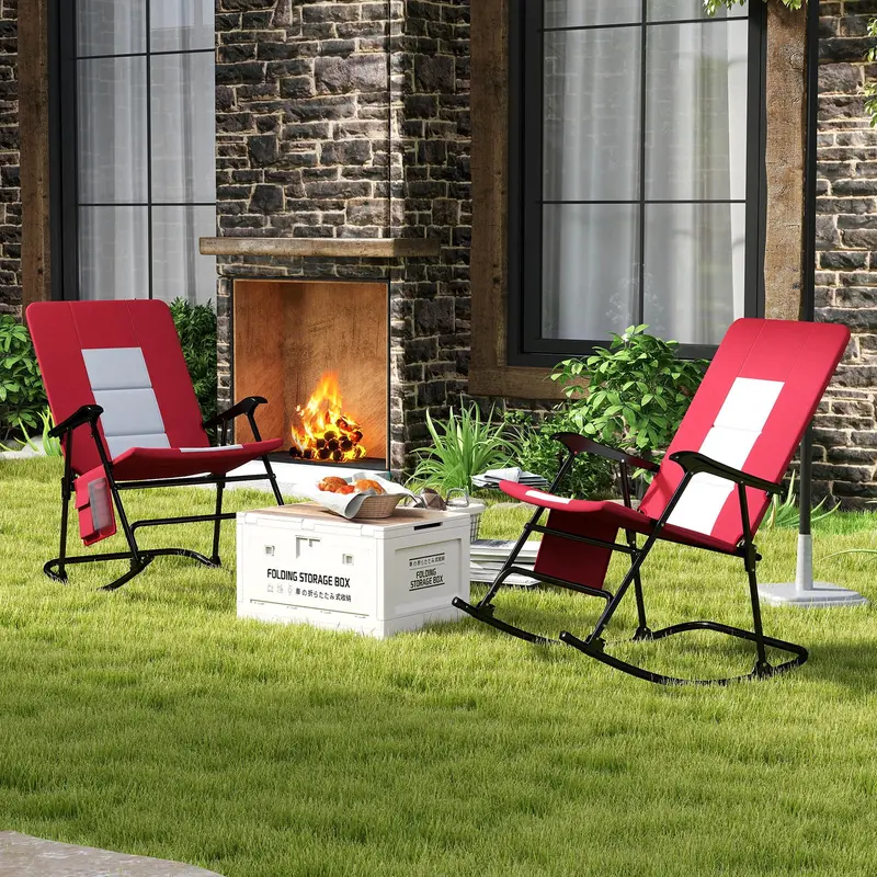 Oversized Folding Rocking Lounge Chair – Padded Outdoor Rocker with Metal Frame and Side Storage Pocket 2