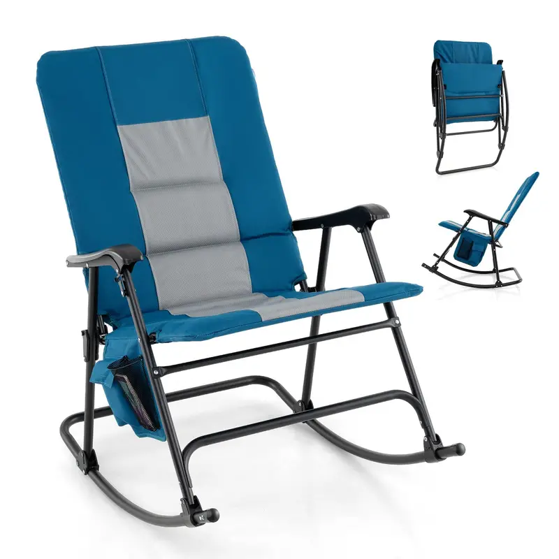 Oversized Folding Rocking Lounge Chair – Padded Outdoor Rocker with Metal Frame and Side Storage Pocket