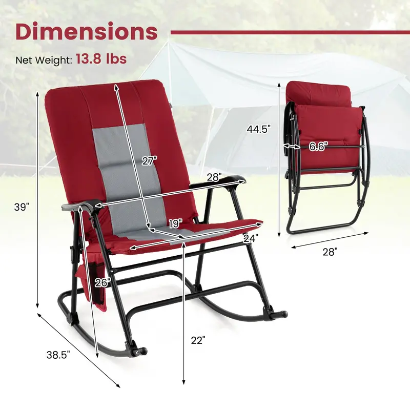 Oversized Folding Rocking Lounge Chair – Padded Outdoor Rocker with Metal Frame and Side Storage Pocket