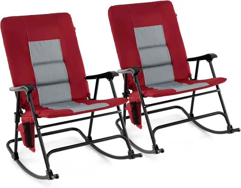 Oversized Folding Rocking Lounge Chair – Padded Outdoor Rocker with Metal Frame and Side Storage Pocket