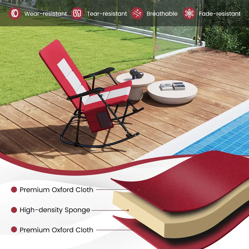 Oversized Folding Rocking Lounge Chair – Padded Outdoor Rocker with Metal Frame and Side Storage Pocket