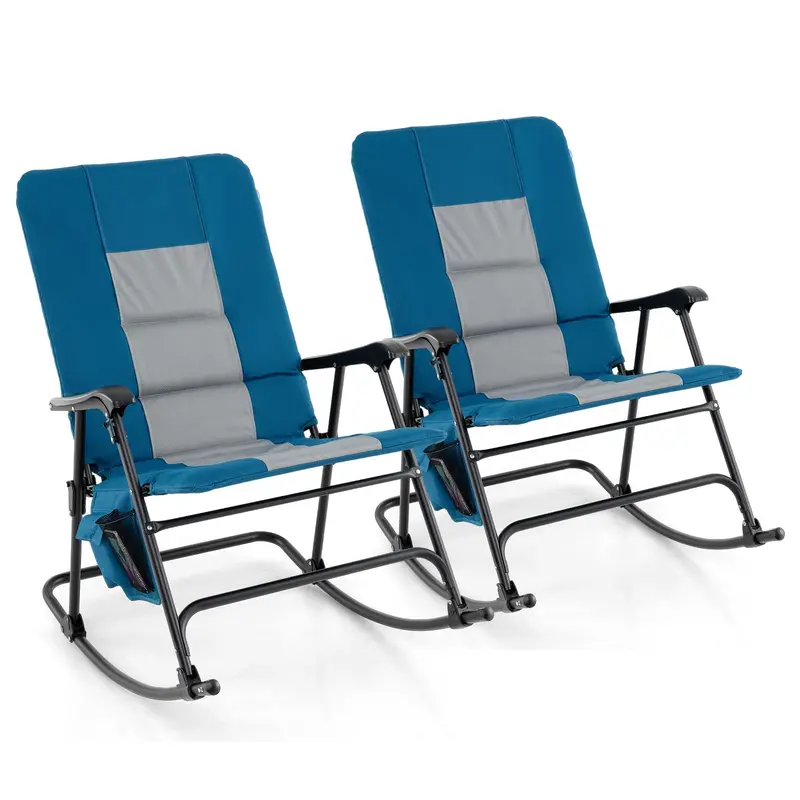 Oversized Folding Rocking Lounge Chair – Padded Outdoor Rocker with Metal Frame and Side Storage Pocket