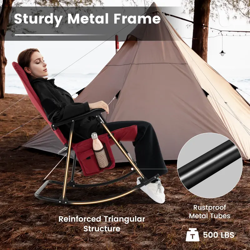 Oversized Folding Rocking Lounge Chair – Padded Outdoor Rocker with Metal Frame and Side Storage Pocket