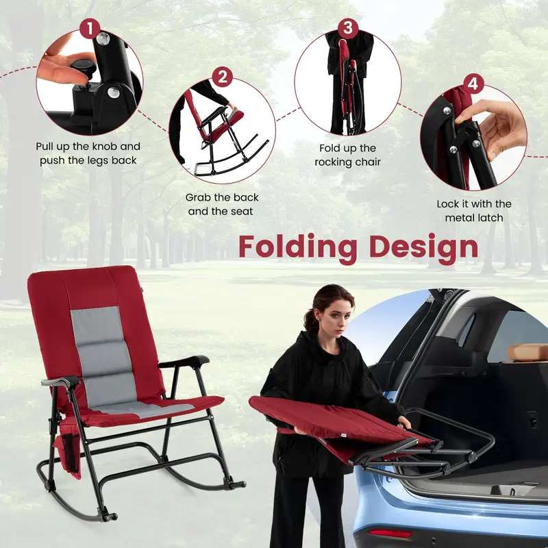 Oversized Folding Rocking Lounge Chair – Padded Outdoor Rocker with Metal Frame and Side Storage Pocket
