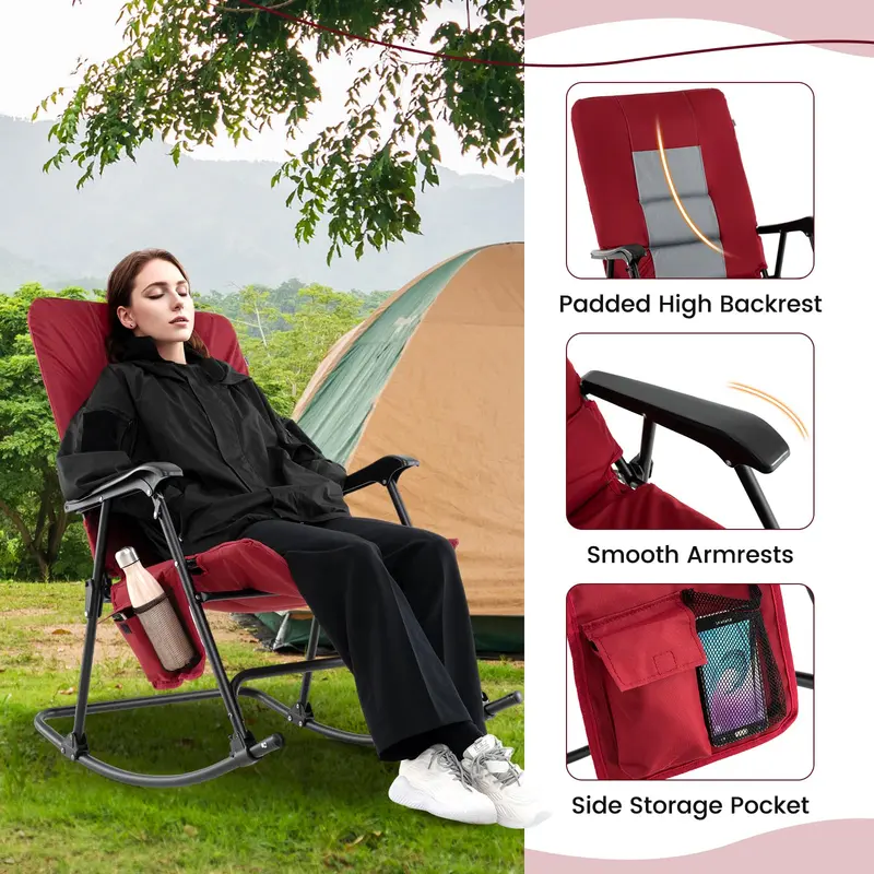 Oversized Folding Rocking Lounge Chair – Padded Outdoor Rocker with Metal Frame and Side Storage Pocket