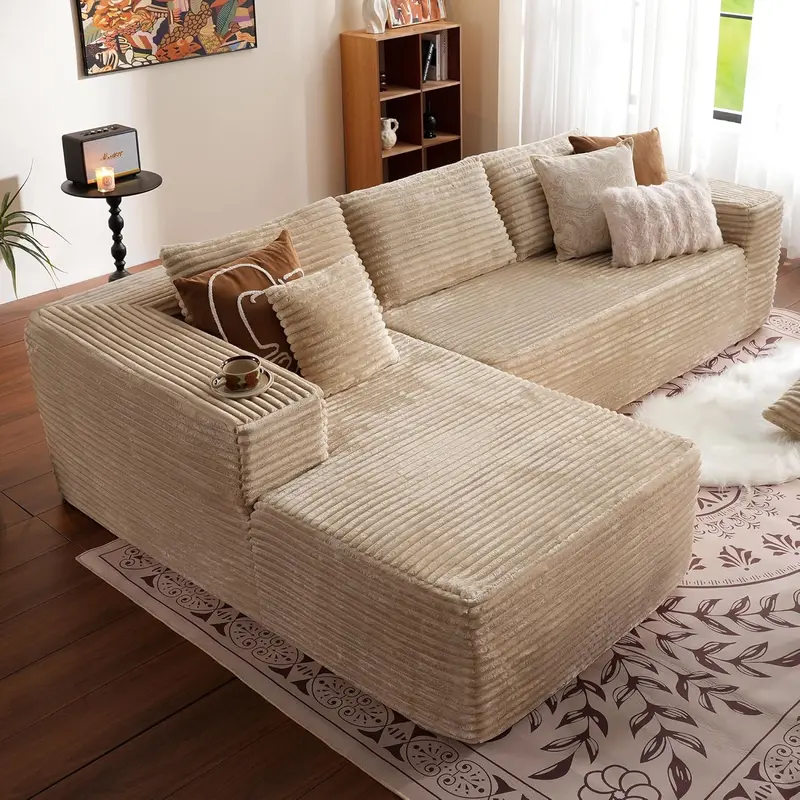 Ovios 104-Inch L-Shaped Cloud Sectional — Plush Corduroy Modular Sofa with Deep Seat, Grey (No Assembly Required)