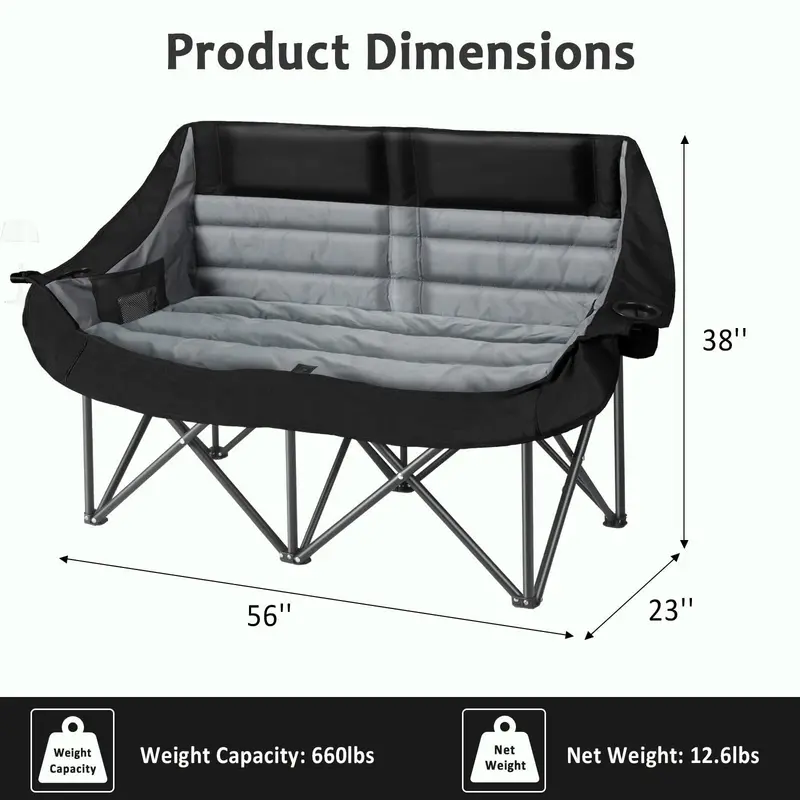 Padded Oversized Double Camping Chair – Folding Loveseat for Two Adults with Cup Holders & 660-Lb Support