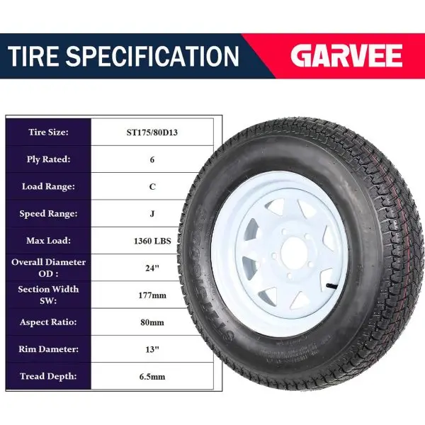 Pair of 175/80-13 White Spoke Trailer Wheels with 5-Lug Mounting & Load Range C Tires