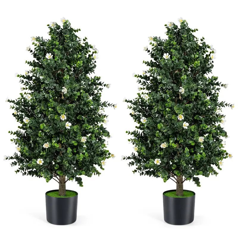 Pair of 36-Inch Artificial Cone Topiary Trees with 49 Realistic Blooms 2