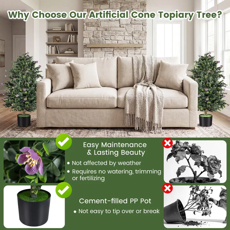 Pair of 36-Inch Artificial Cone Topiary Trees with 49 Realistic Blooms