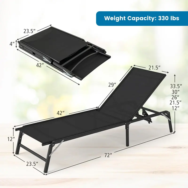 Patio Chaise Lounge Chair – Height-Adjustable Backrest with Five Recline Settings