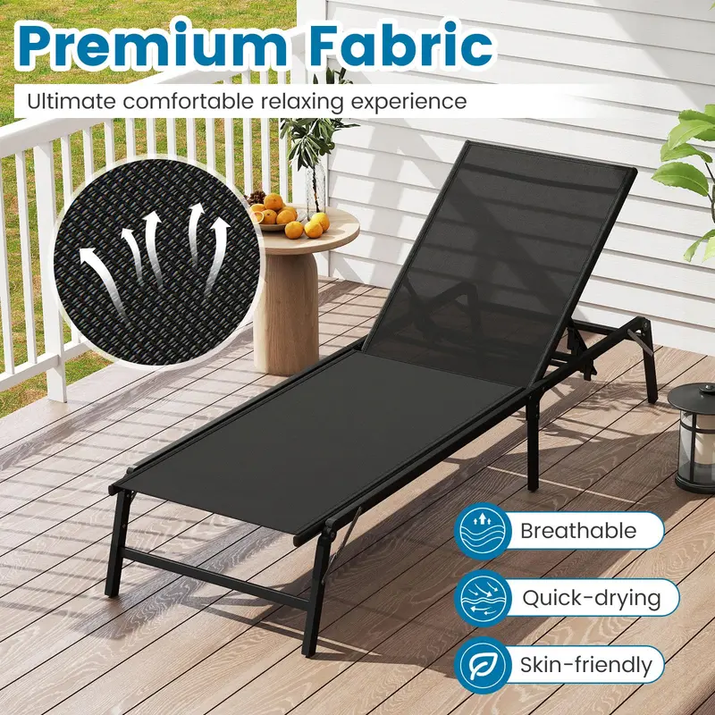 Patio Chaise Lounge Chair – Height-Adjustable Backrest with Five Recline Settings