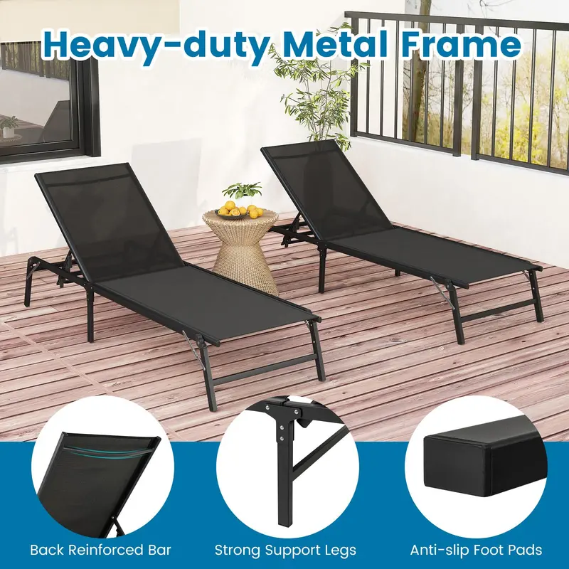 Patio Chaise Lounge Chair – Height-Adjustable Backrest with Five Recline Settings