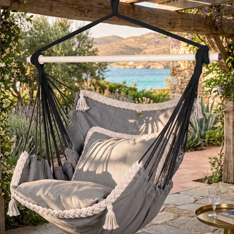 Patio Hammock Chair with Plush Cushions and Hanging Hardware for Outdoor Relaxation