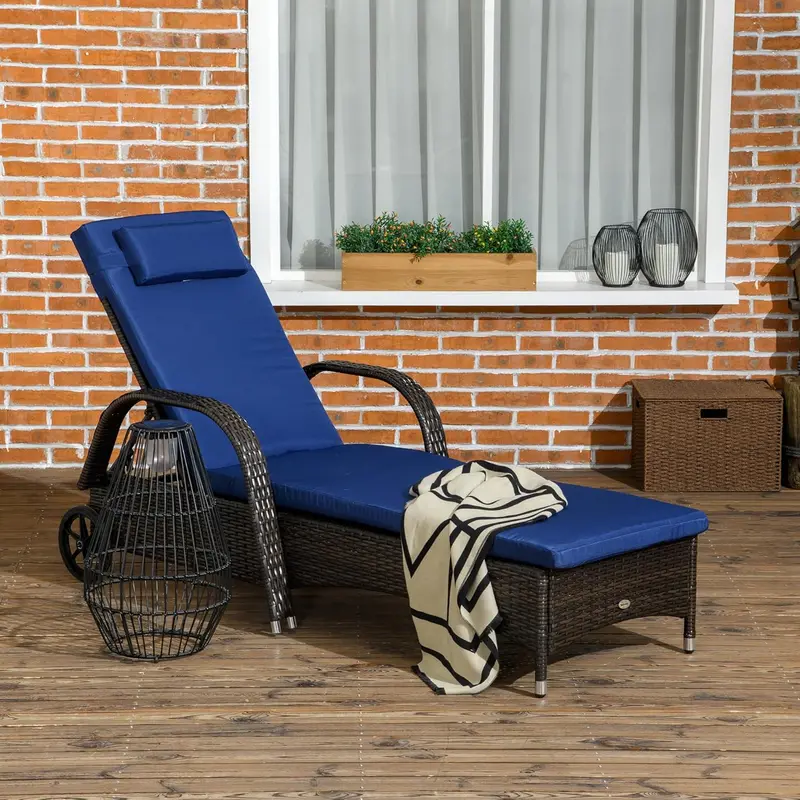 PE Rattan Outdoor Chaise Lounge – Adjustable 5-Position Backrest, Headrest, Wheels, Cushion, Mixed Brown & Dark Blue