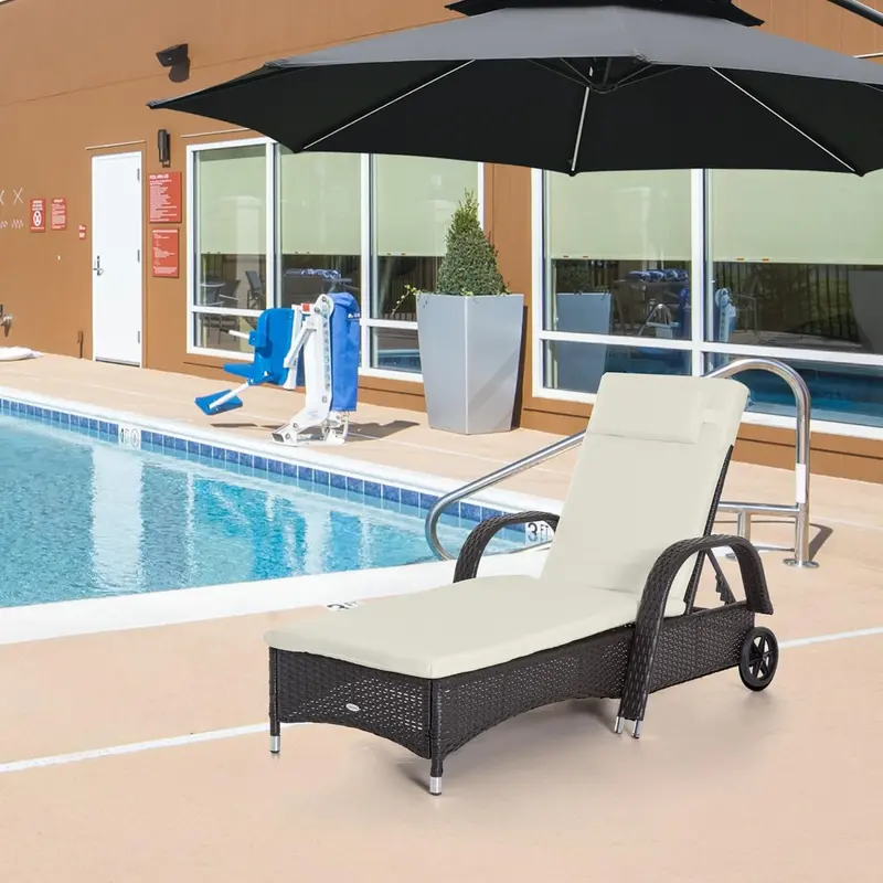 PE Rattan Outdoor Chaise Lounge – Adjustable 5-Position Backrest, Headrest, Wheels, Cushion, Mixed Brown & Dark Blue 2