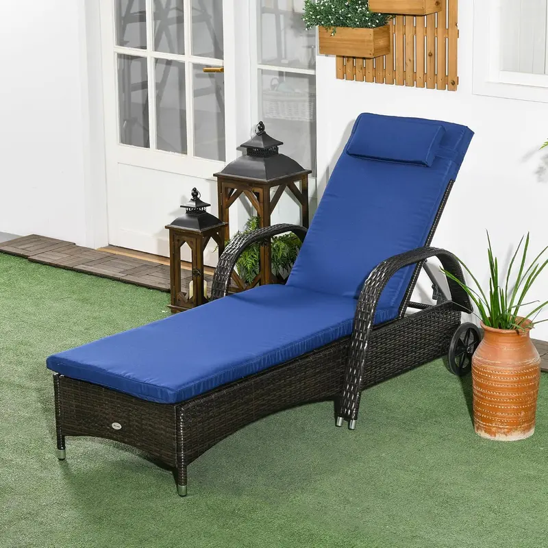 PE Rattan Outdoor Chaise Lounge – Adjustable 5-Position Backrest, Headrest, Wheels, Cushion, Mixed Brown & Dark Blue