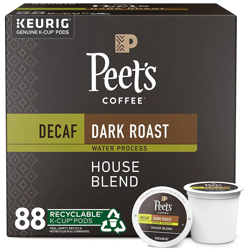 Peet’s Decaf House Blend Dark Roast K-Cup Pods – 88 Count (4 Boxes × 22), USDA Organic