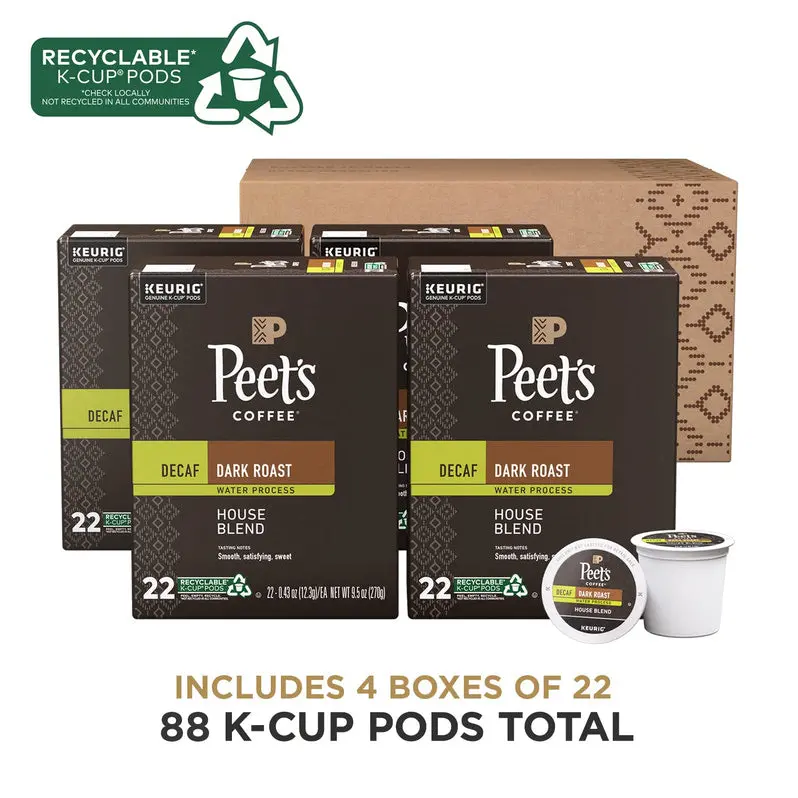 Peet’s Decaf House Blend Dark Roast K-Cup Pods – 88 Count (4 Boxes × 22), USDA Organic