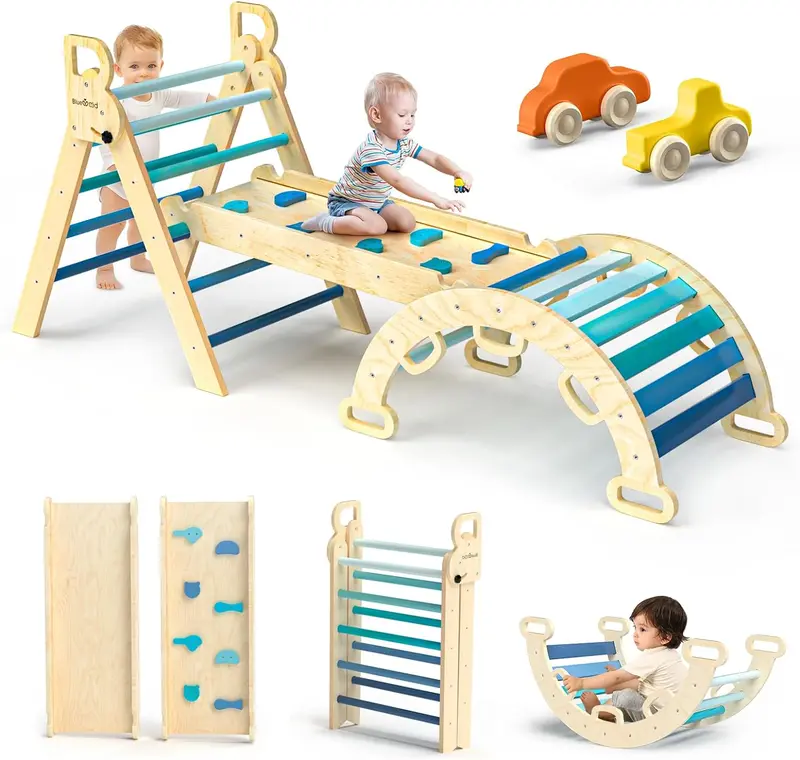 Pikler Triangle 7-in-1 Montessori Climbing Set – Foldable Wooden Baby Gym with Arch, Ramp & Ladder (Rainbow Finish)