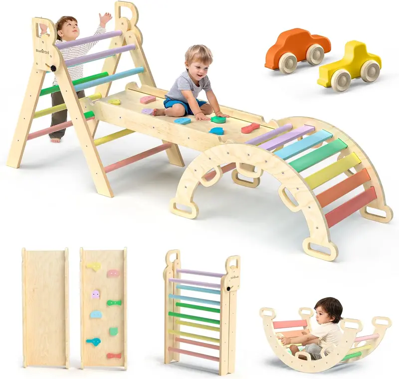 Pikler Triangle 7-in-1 Montessori Climbing Set – Foldable Wooden Baby Gym with Arch, Ramp & Ladder (Rainbow Finish) 2