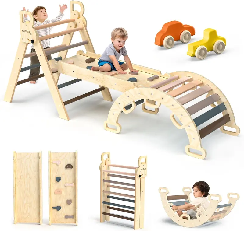 Pikler Triangle 7-in-1 Montessori Climbing Set – Foldable Wooden Baby Gym with Arch, Ramp & Ladder (Rainbow Finish)