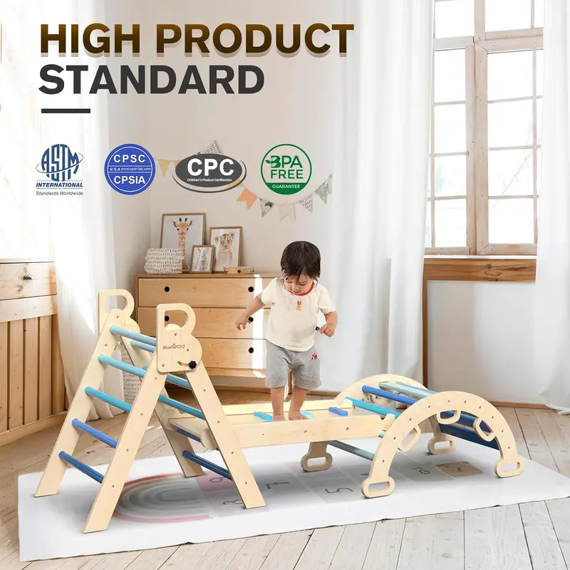 Pikler Triangle 7-in-1 Montessori Climbing Set – Foldable Wooden Baby Gym with Arch, Ramp & Ladder (Rainbow Finish)