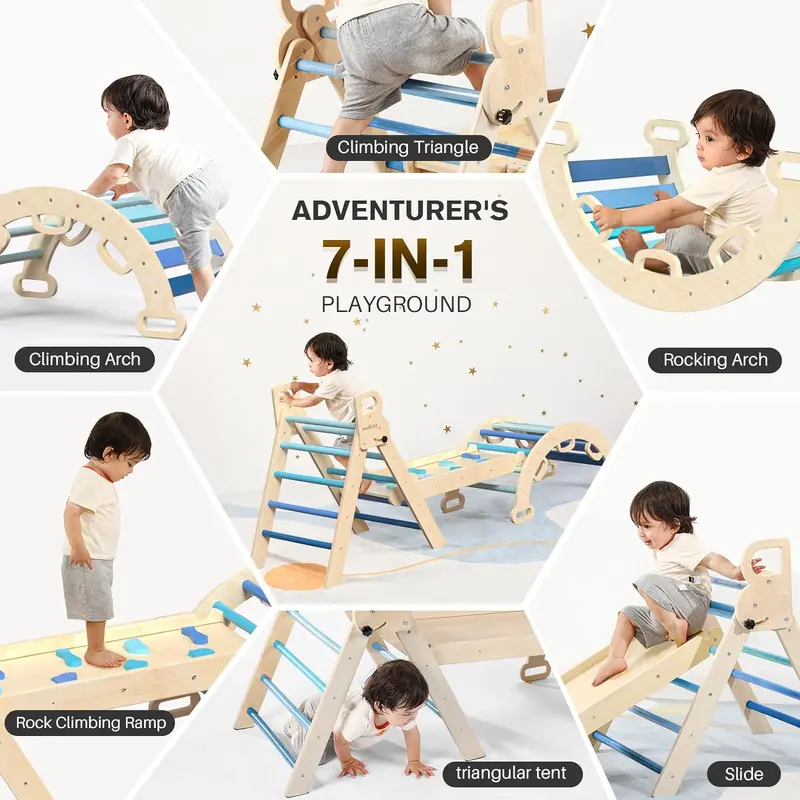Pikler Triangle 7-in-1 Montessori Climbing Set – Foldable Wooden Baby Gym with Arch, Ramp & Ladder (Rainbow Finish)