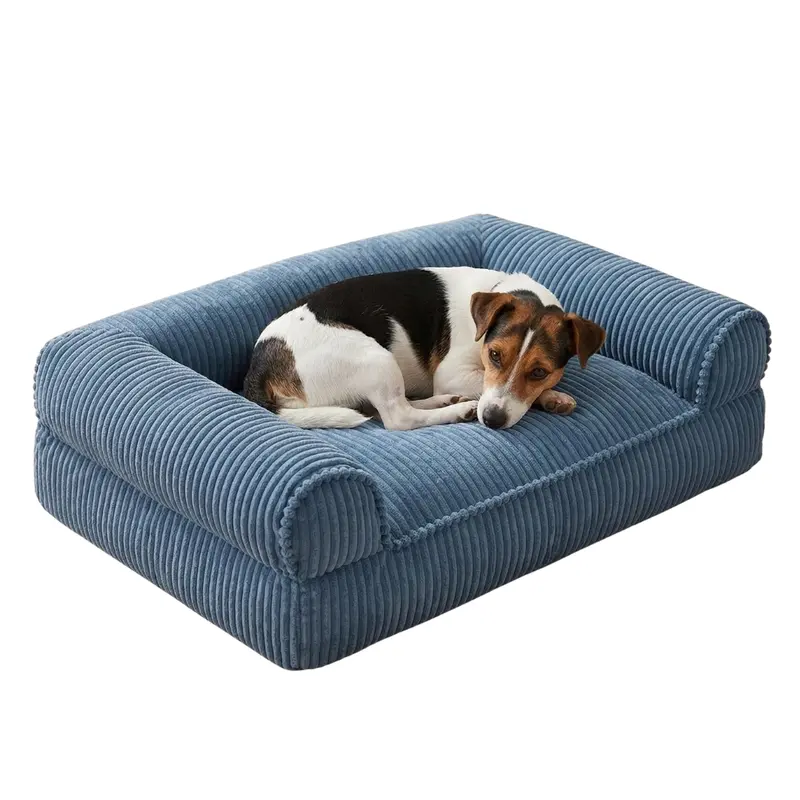 Plush Corduroy Pet Sofa Bed – Memory Foam Cushion & Raised Edges