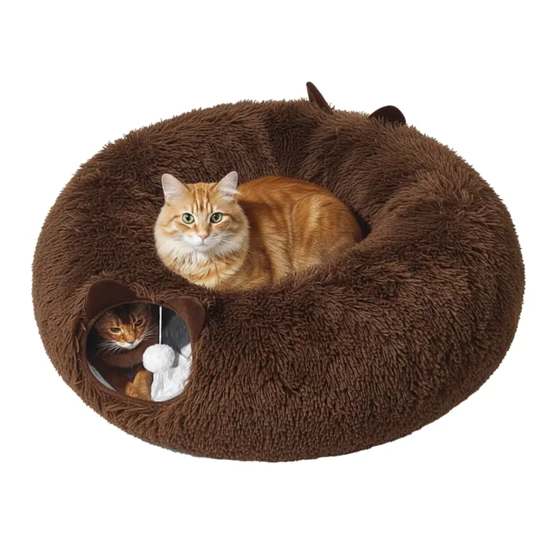 Plush Indoor Cat Tunnel with Peekaboo Windows and Integrated Sleeping Bed