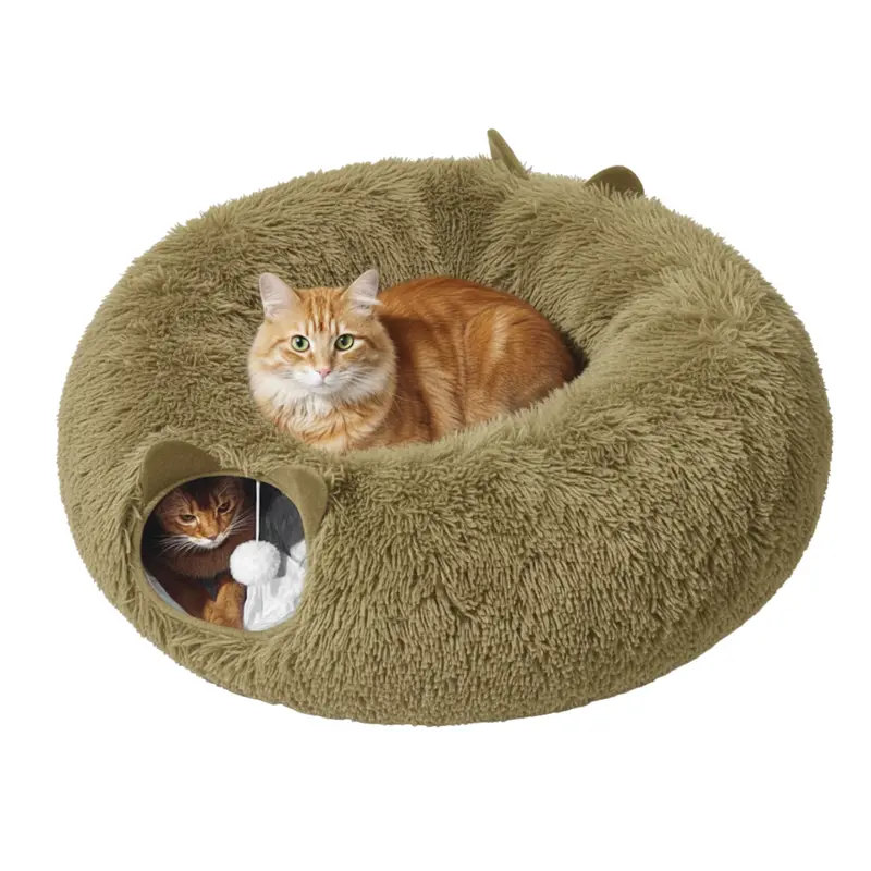 Plush Indoor Cat Tunnel with Peekaboo Windows and Integrated Sleeping Bed 2
