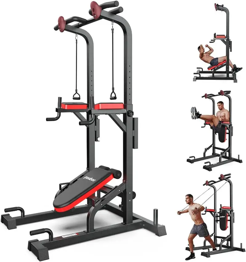 Pooboo Power Tower with Dip Station, Pull-Up Bar & Adjustable Supine Board – Home Gym Station