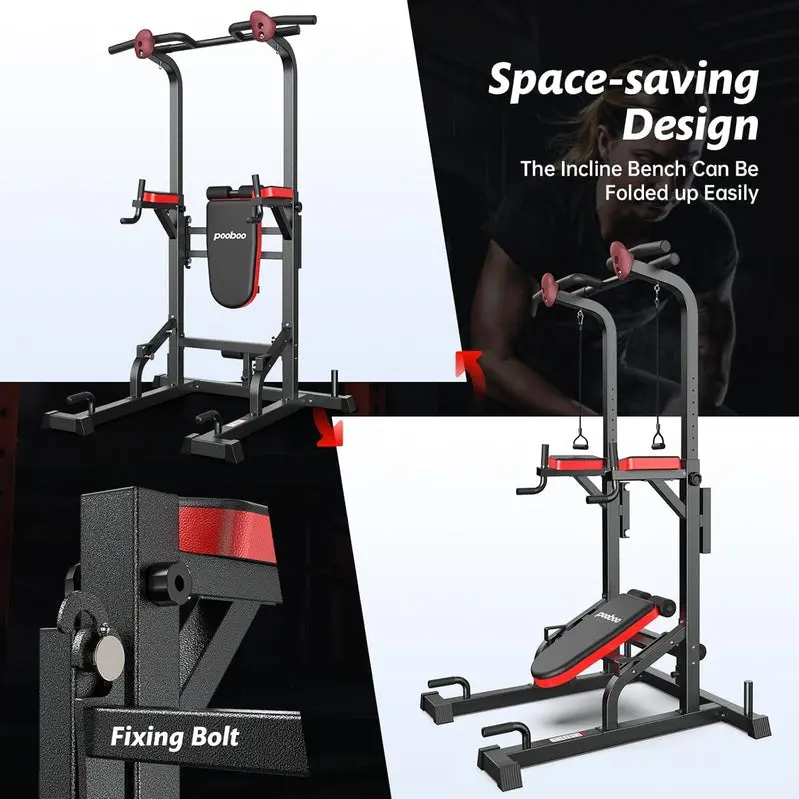 Pooboo Power Tower with Dip Station, Pull-Up Bar & Adjustable Supine Board – Home Gym Station