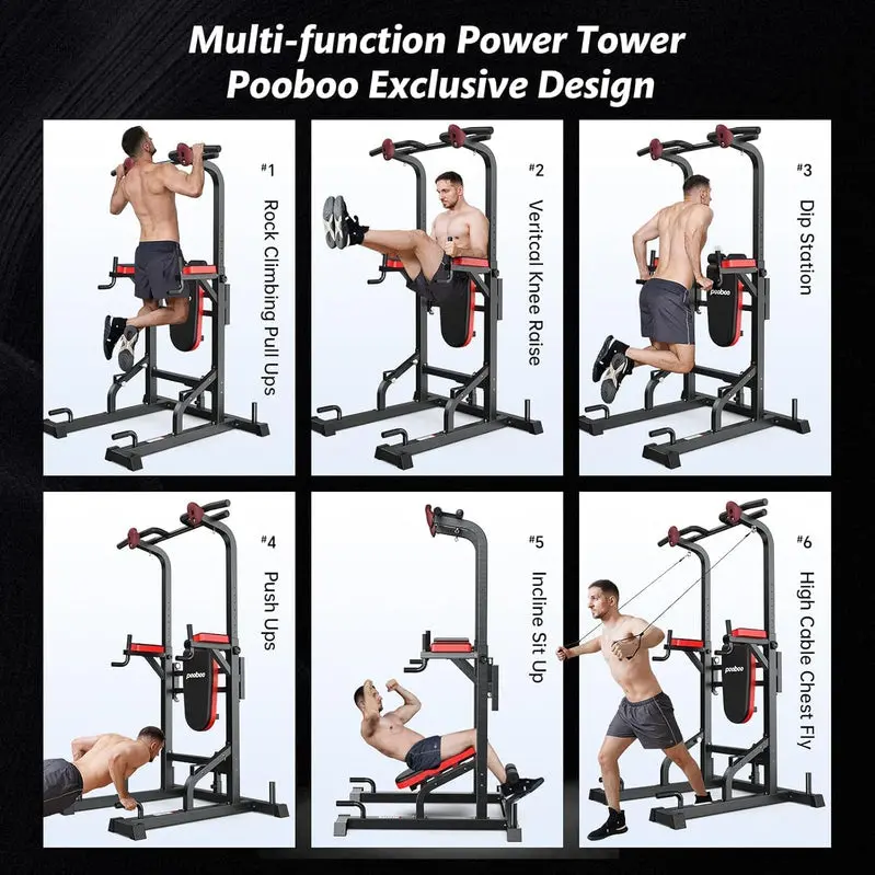 Pooboo Power Tower with Dip Station, Pull-Up Bar & Adjustable Supine Board – Home Gym Station