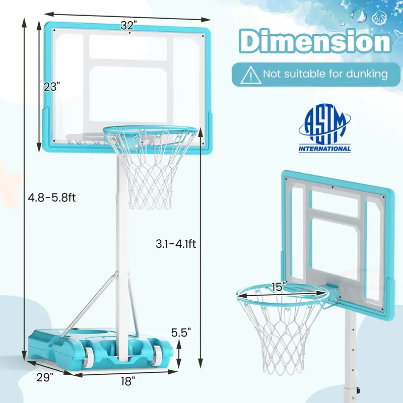 Poolside Adjustable Basketball Hoop – 3.1 to 4.1 FT Height, 32" Shatterproof Backboard
