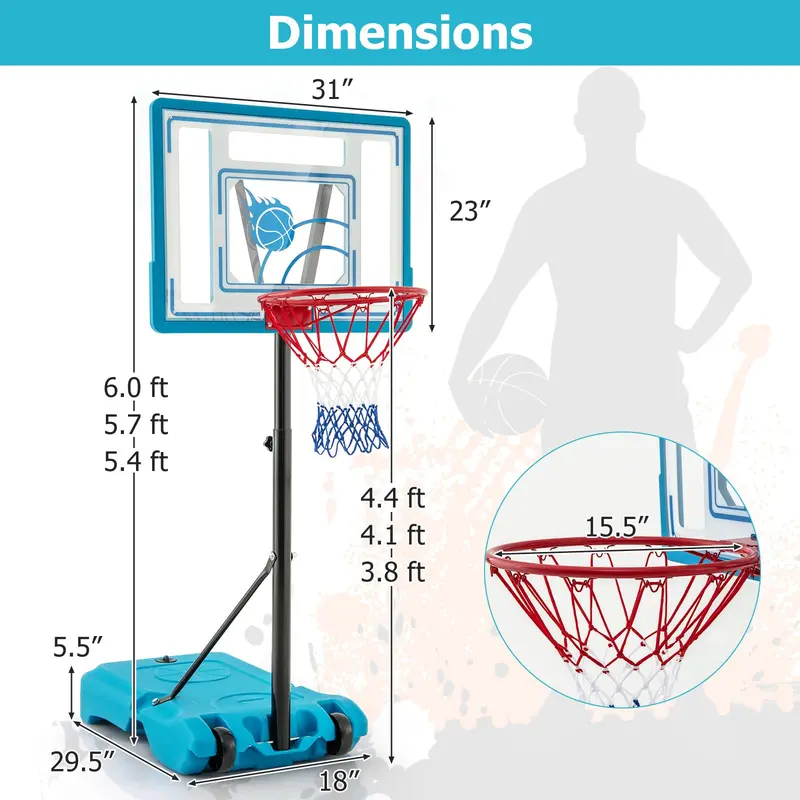 Poolside Outdoor Basketball Hoop with 3.8–4.4 FT Height Adjustment