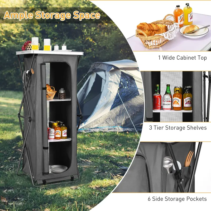 Pop-Up Camping Kitchen Station with Three-Tier Folding Storage Cabinet 2